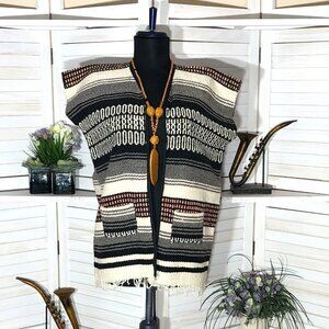 Vintage 70s Woven Fringe Blanket Poncho Vest Size M L